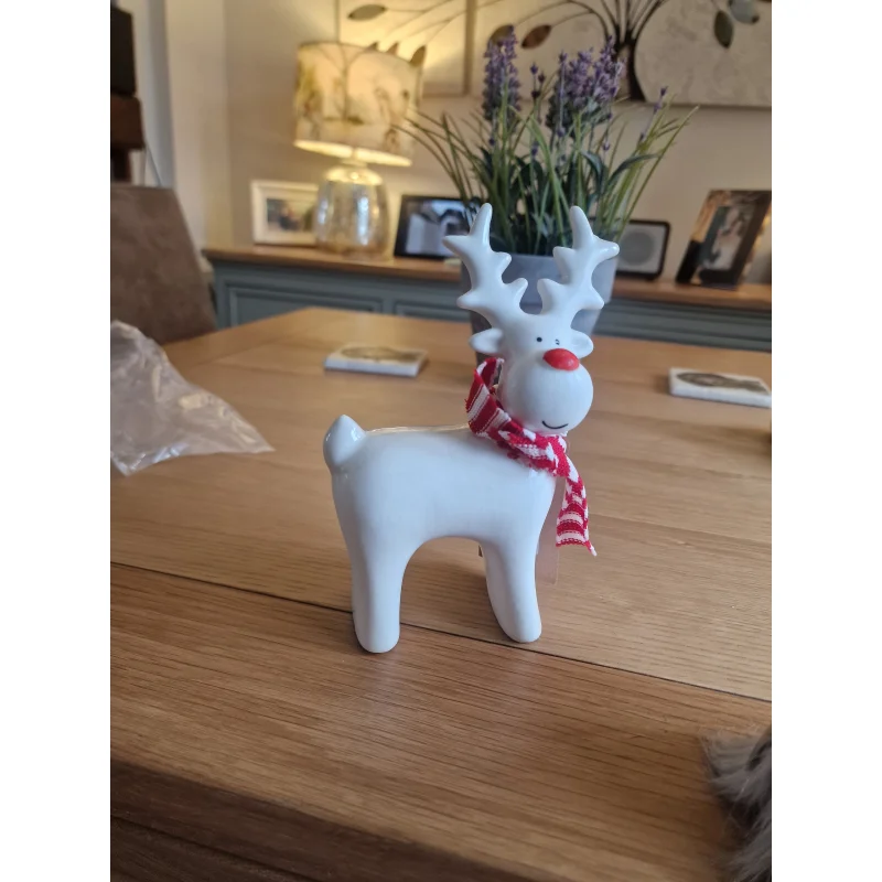 White Ceramic Reindeer Ornament with Knitted Scarf -H16cm