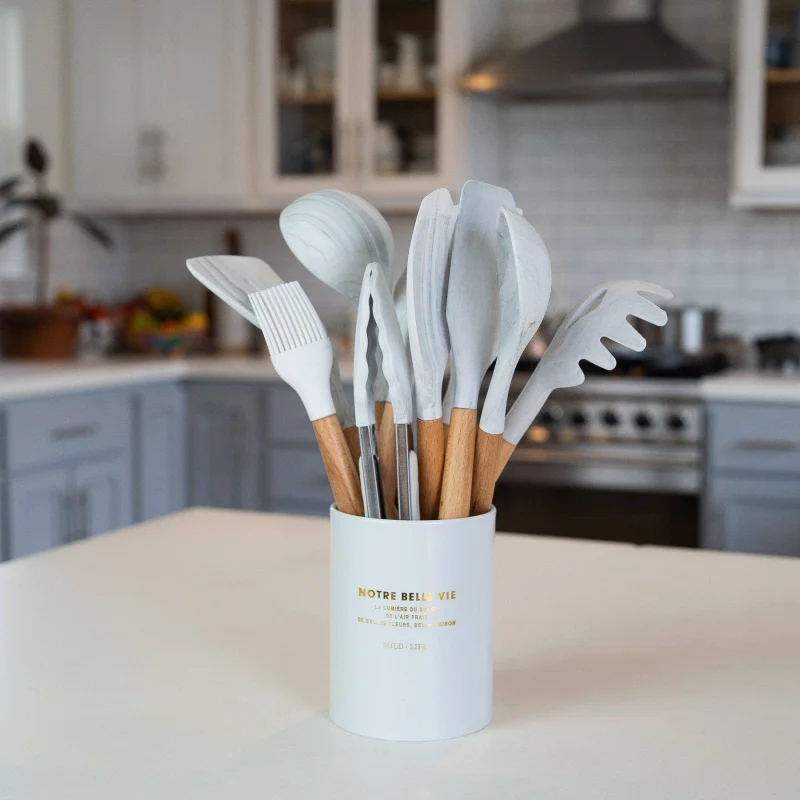 11-Piece Silicone Kitchen Utensils Set | Wooden Handles | Marble Effect