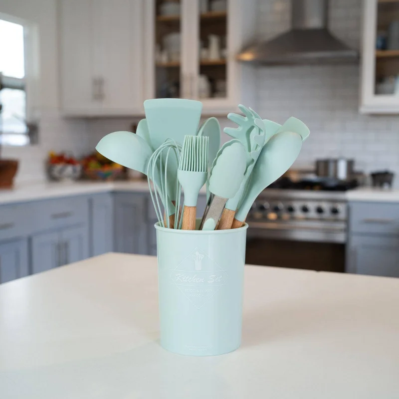 12-Piece Silicone Kitchen Utensils Set with Storage Bucket