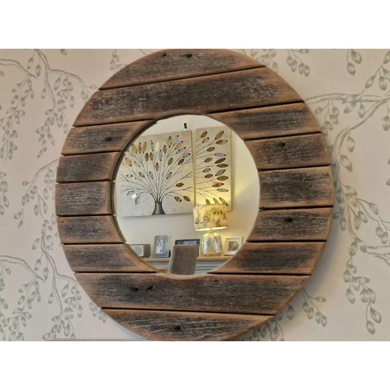 Wooden Planked Circular Mirror | 68cm | Nautical Porthole Style