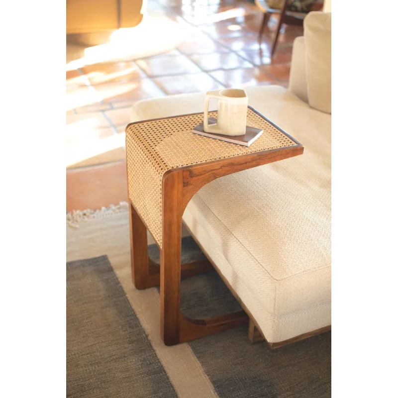 Woven Cane and Wood Side Table