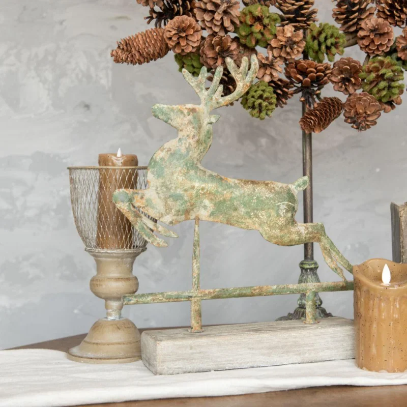 15″ Leaping Metal Deer on Faux Wood Base