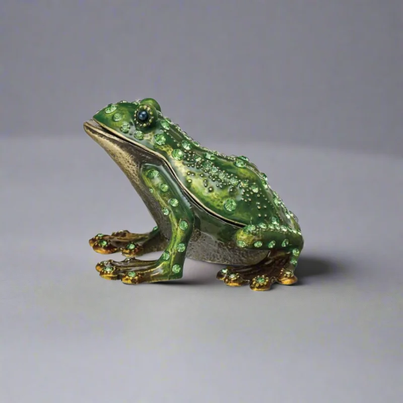 Enameled Metal Frog Shaped Trinket Box with Jewels – Gold & Green Finish