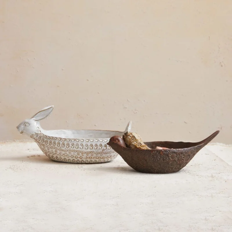10″ Stoneware Bird Bowl   Debossed Feeder with Reactive Glaze