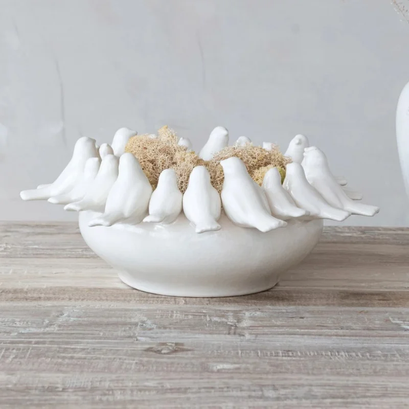 Decorative Stoneware Bowl or Planter with 3D Birds on Rim – White
