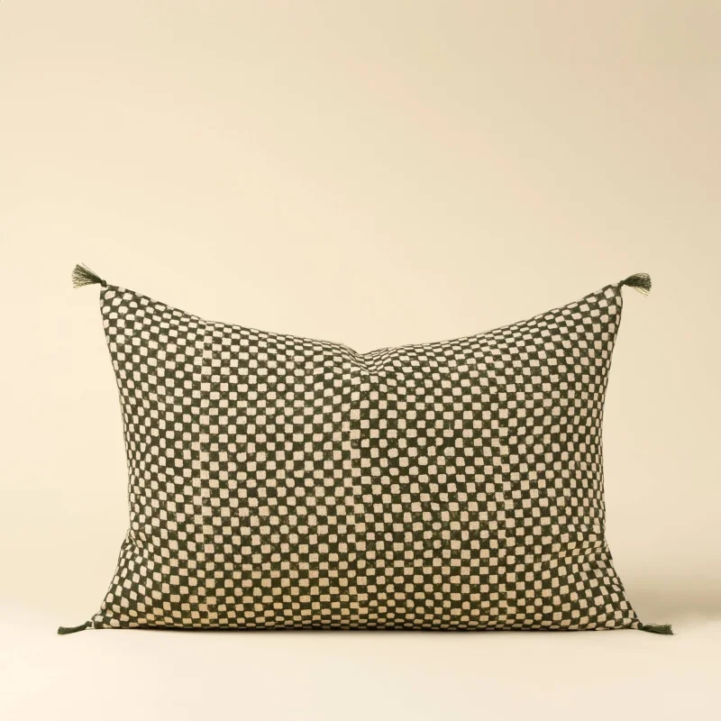 16×24 Block Print Check Linen Pillow-Green