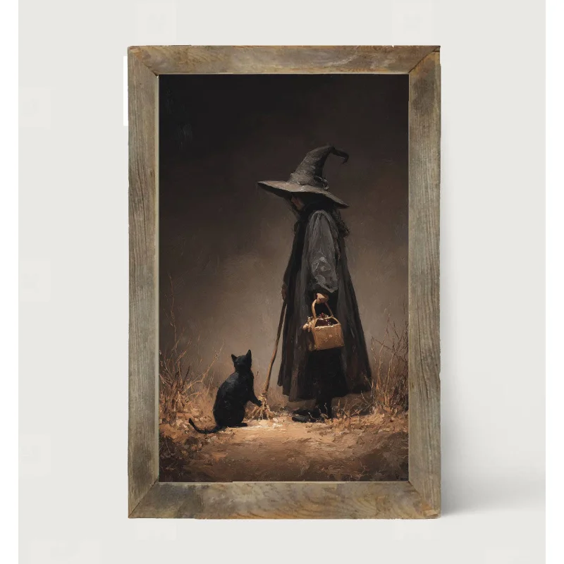 Witch with Black Cat on Path – Vertical Frame Black