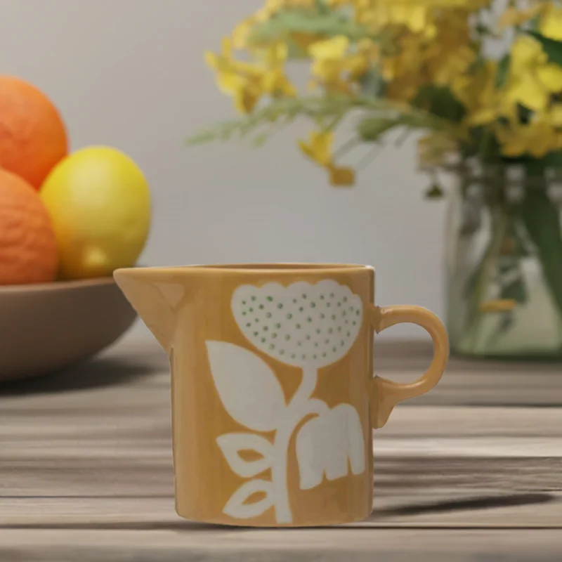 Yellow Hand-Painted Stoneware Creamer with Floral Design  12 oz.