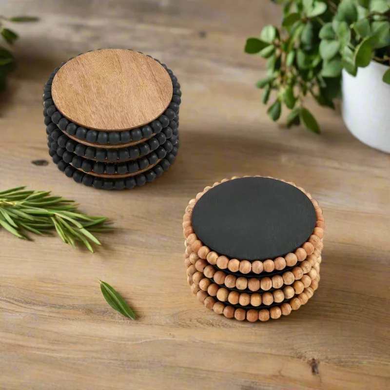 Beaded Coaster Set Black Beaded