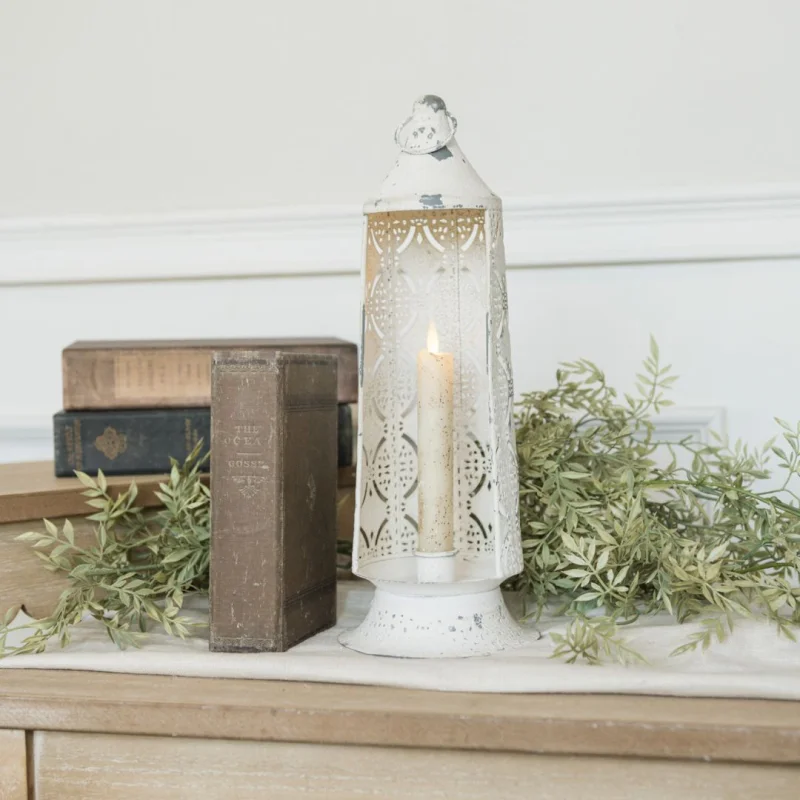 13″ Valentina White Metal Lantern Candle Holder
